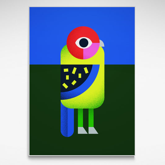 Colorful abstract colourful bird illustration on a blue and green background