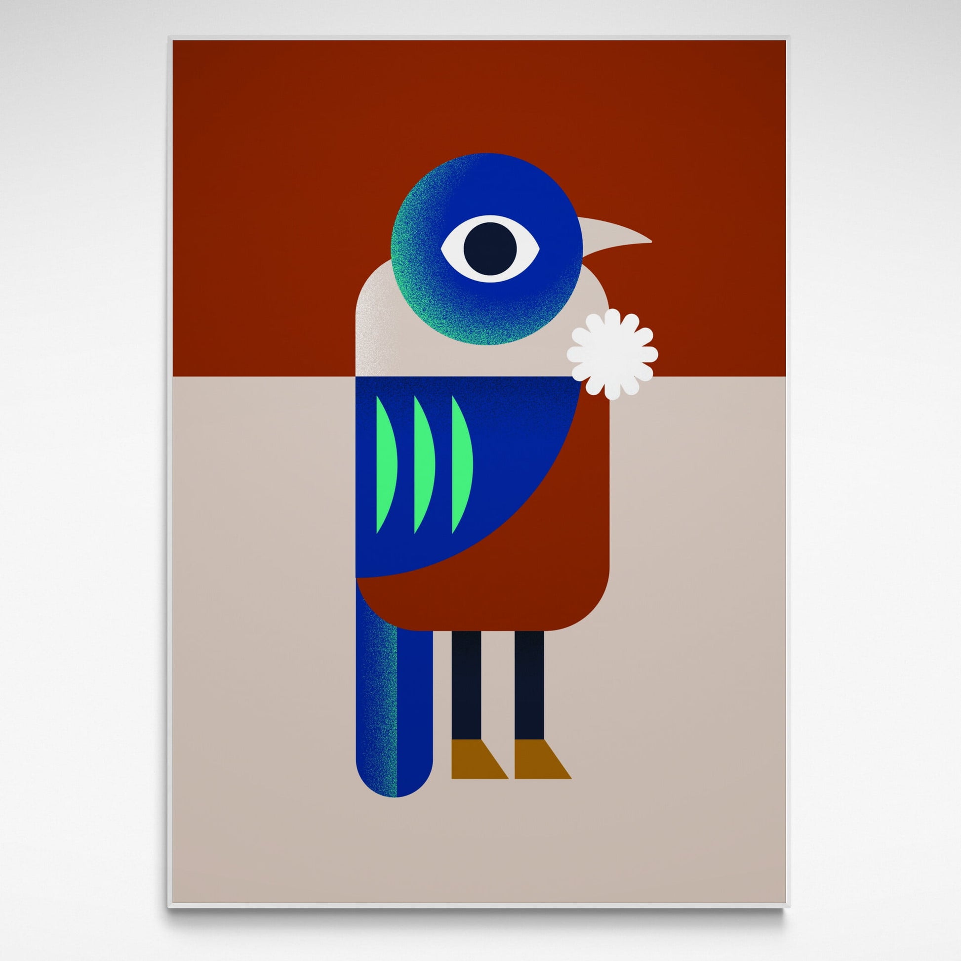 Abstract art print with a stylised bird on a red and beige background