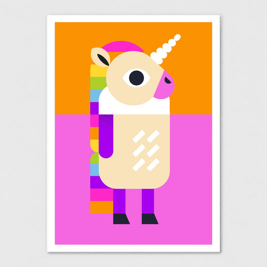 Colourful geometric unicorn art print, by Beth Xia, featuring bright pink, orange, purple and yellow shapes on a vibrant background.