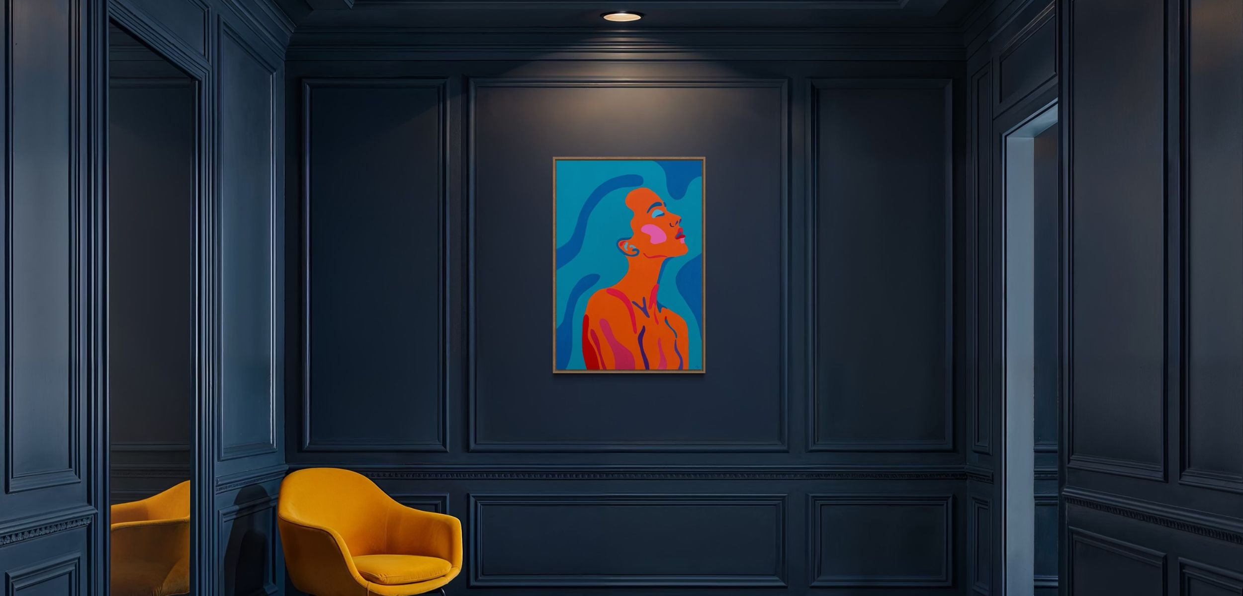 Modern interior with a yellow chair and colourful abstract painting on a dark wall