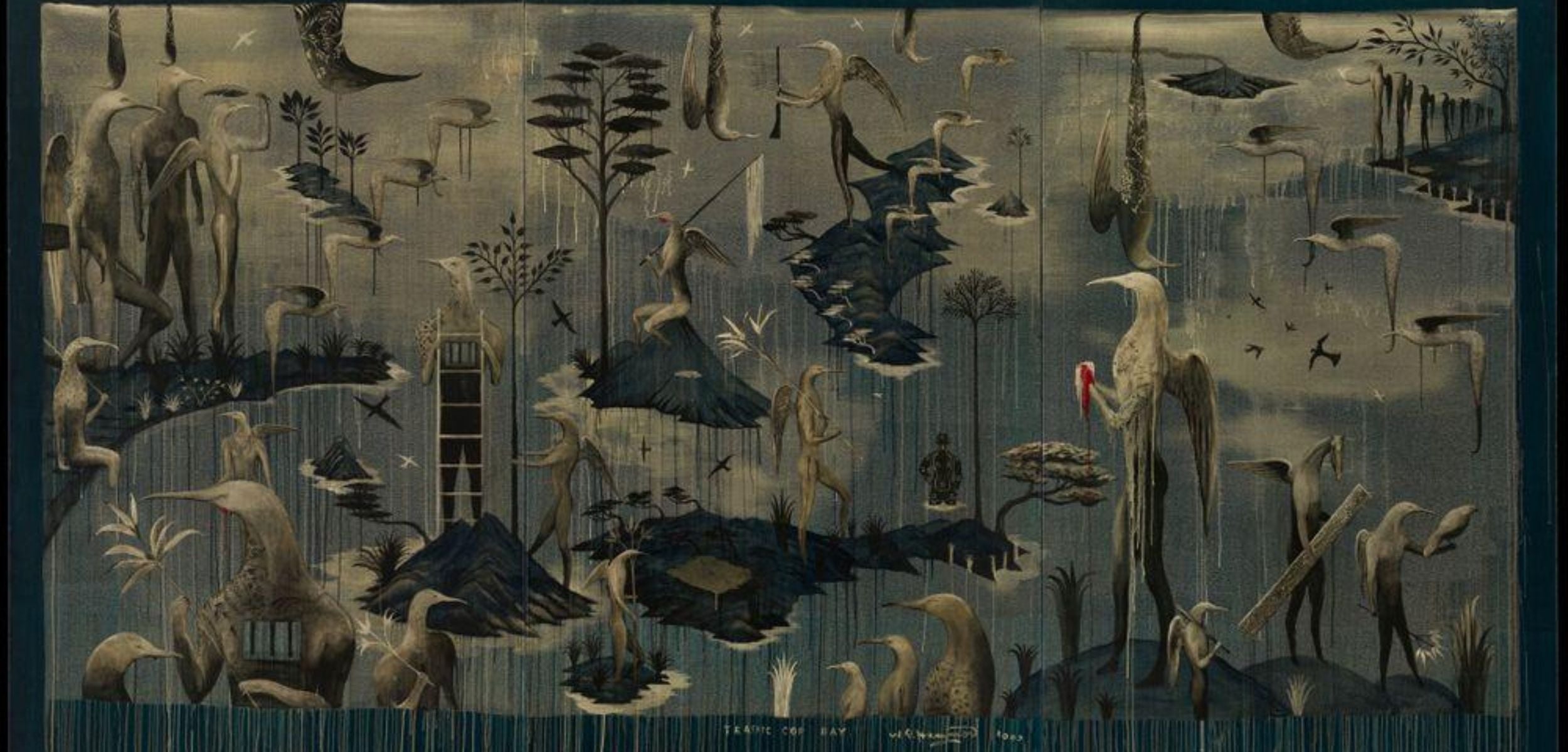 A detailed art print by Bill Hammond featuring a complex, surreal scene of birds, trees, and architectural elements in muted gray, brown, and black tones, with a small red accent on one bird.