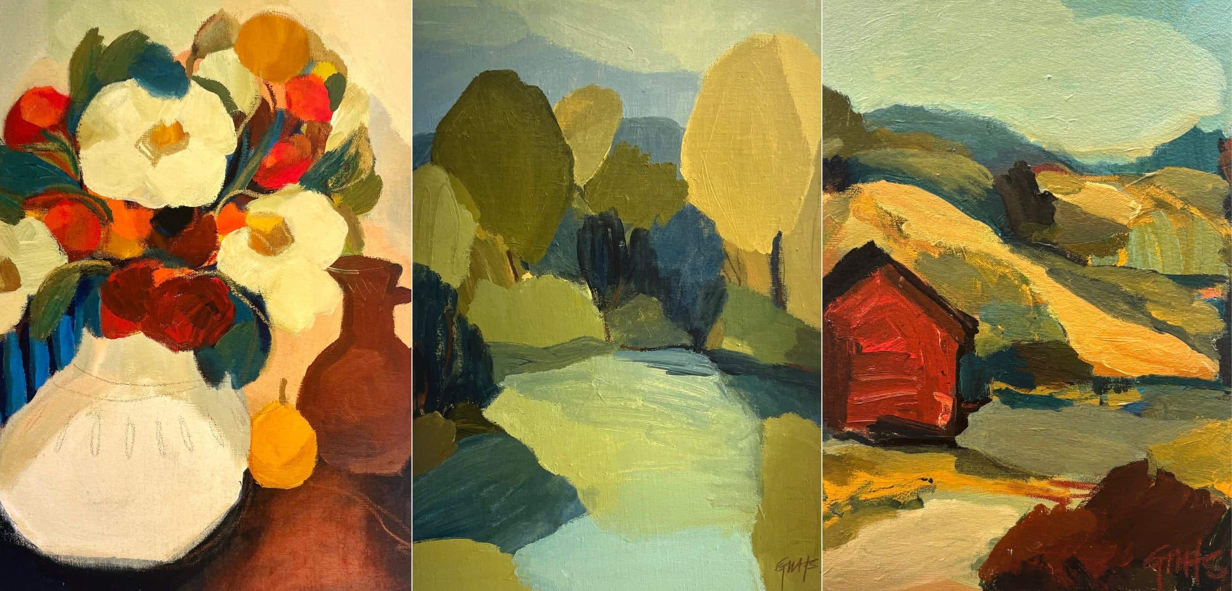 Three paintings: a still life with flowers, a landscape with trees, and a cabin in the mountains.