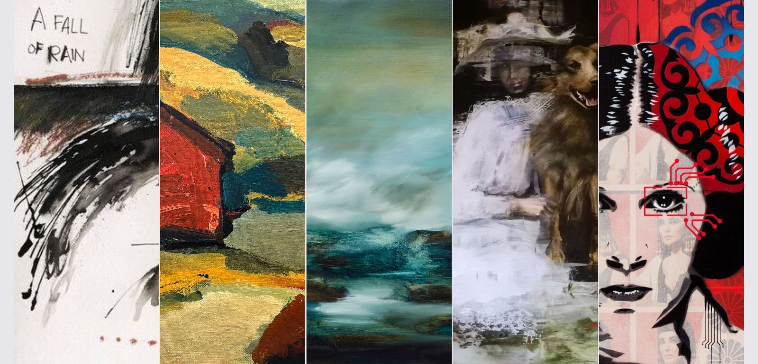 Collage of six abstract artworks with various styles and colors.