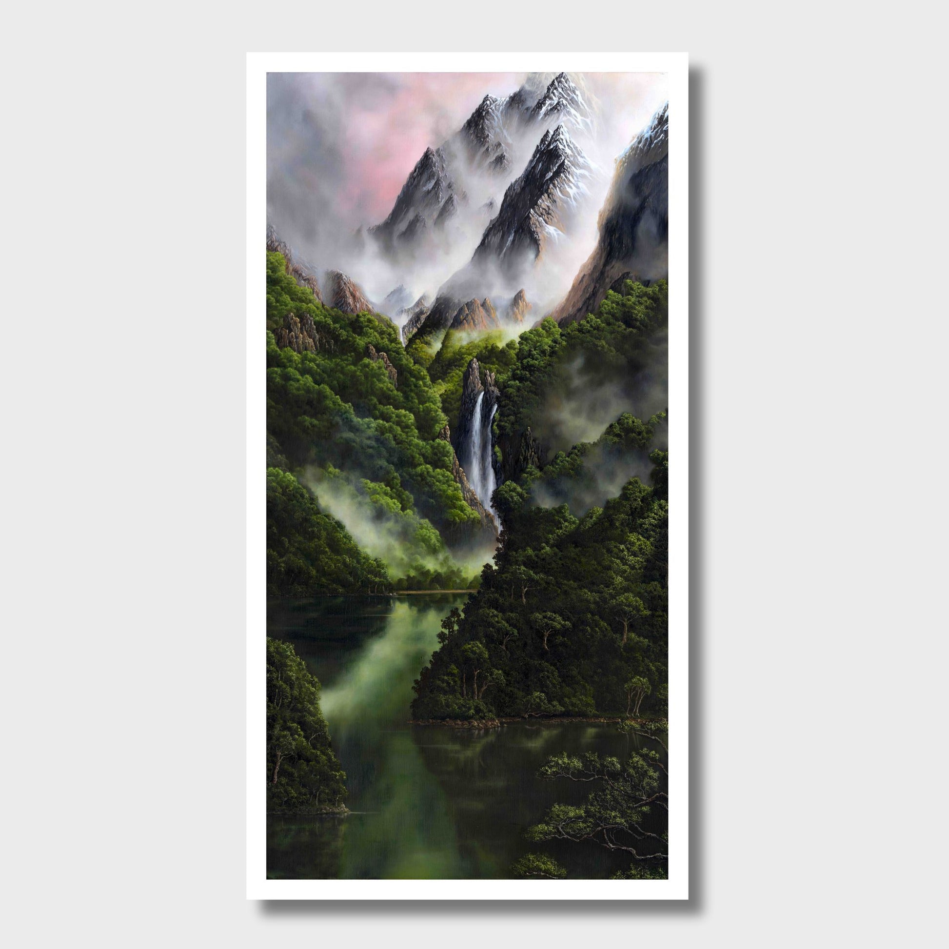 Mountain landscape with a waterfall, misty clouds and lush green vegetation reflected in a serene pool of water
