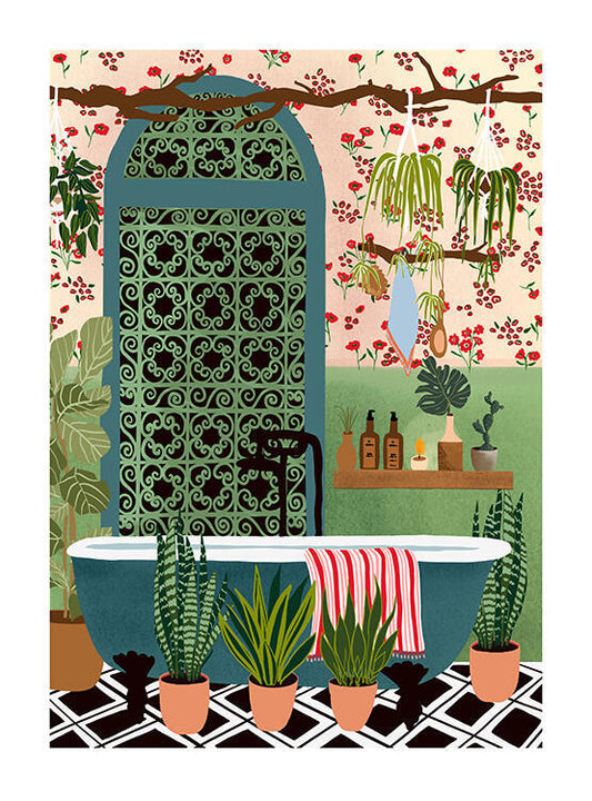 Decorative illustration of a bathroom with plants and a bathtub.