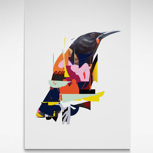 Bright multi-coloured abstract print of a saddleback bird