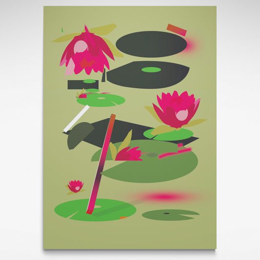 Abstract print of pink lily's and green pads 