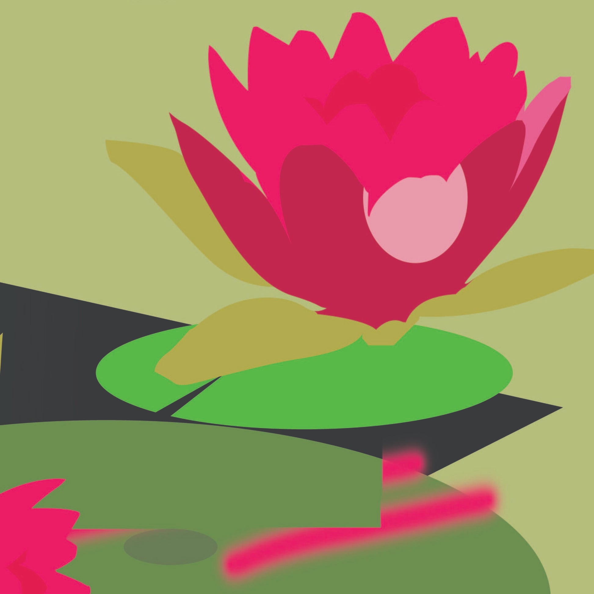 Closeup of abstract print of pink lily and green pads