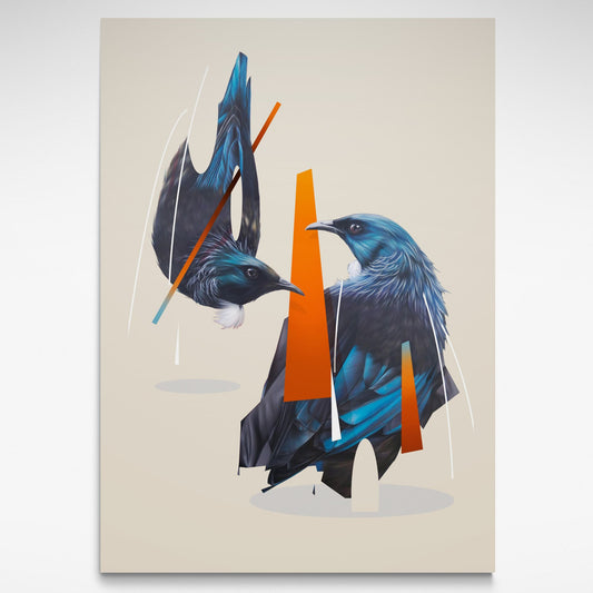 Two blue Tui with orange geometric shapes