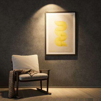 Framed Paula Coulthard Kowhai Tuna B>2 limited edition print featuring an abstract long-fin tuna in kōwhai yellow, hanging on wall.