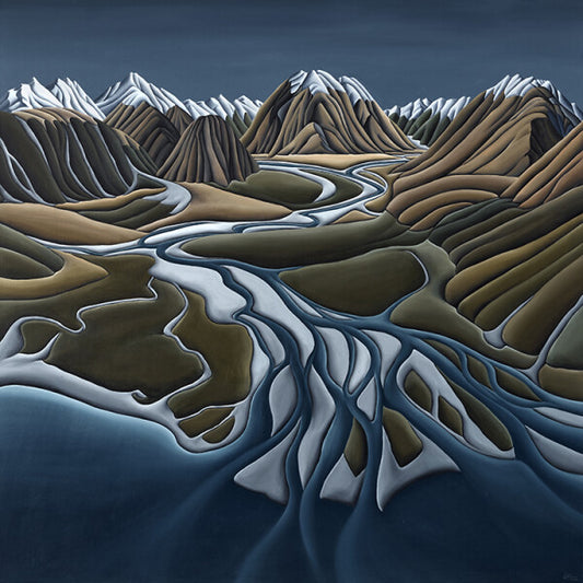 Diana Adams print looking up head of a river towards snow capped mountains