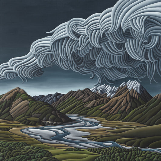 Diana Adams print depicting storm clouds over mountains and river valley