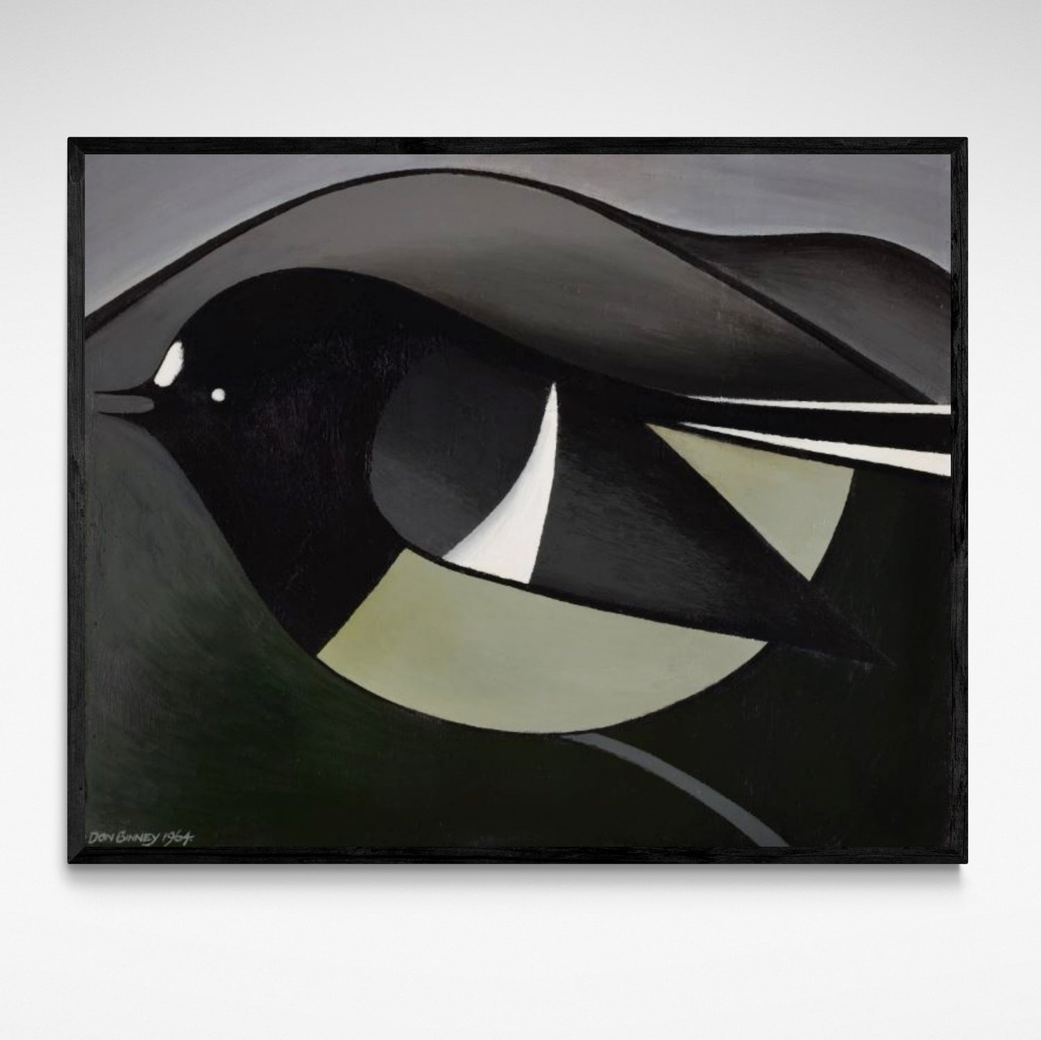 Framed artwork by Don Binney of a stylised bird on a grey background
