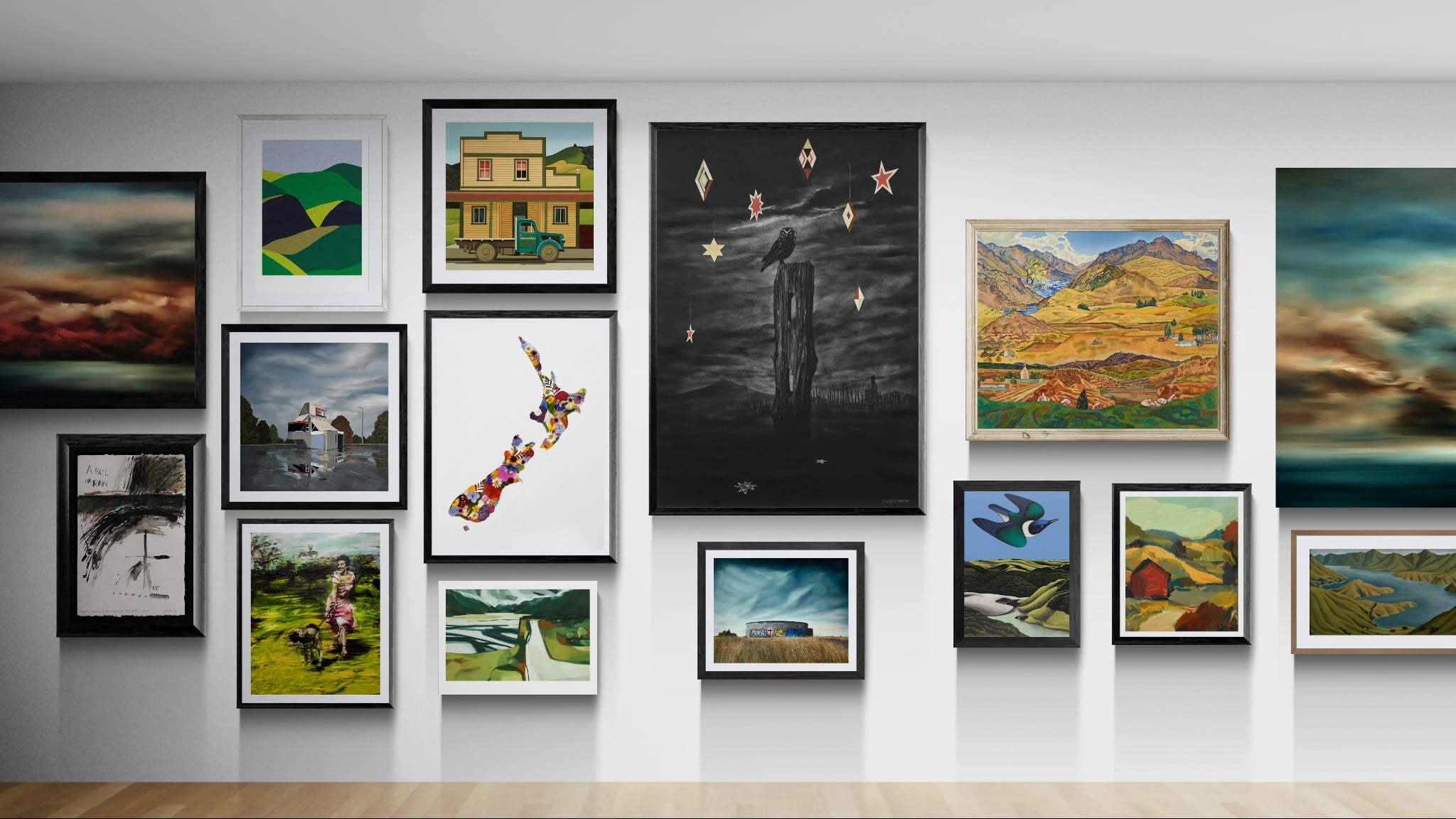 A gallery wall displaying a curated collection of New Zealand landscape framed art prints and paintings.