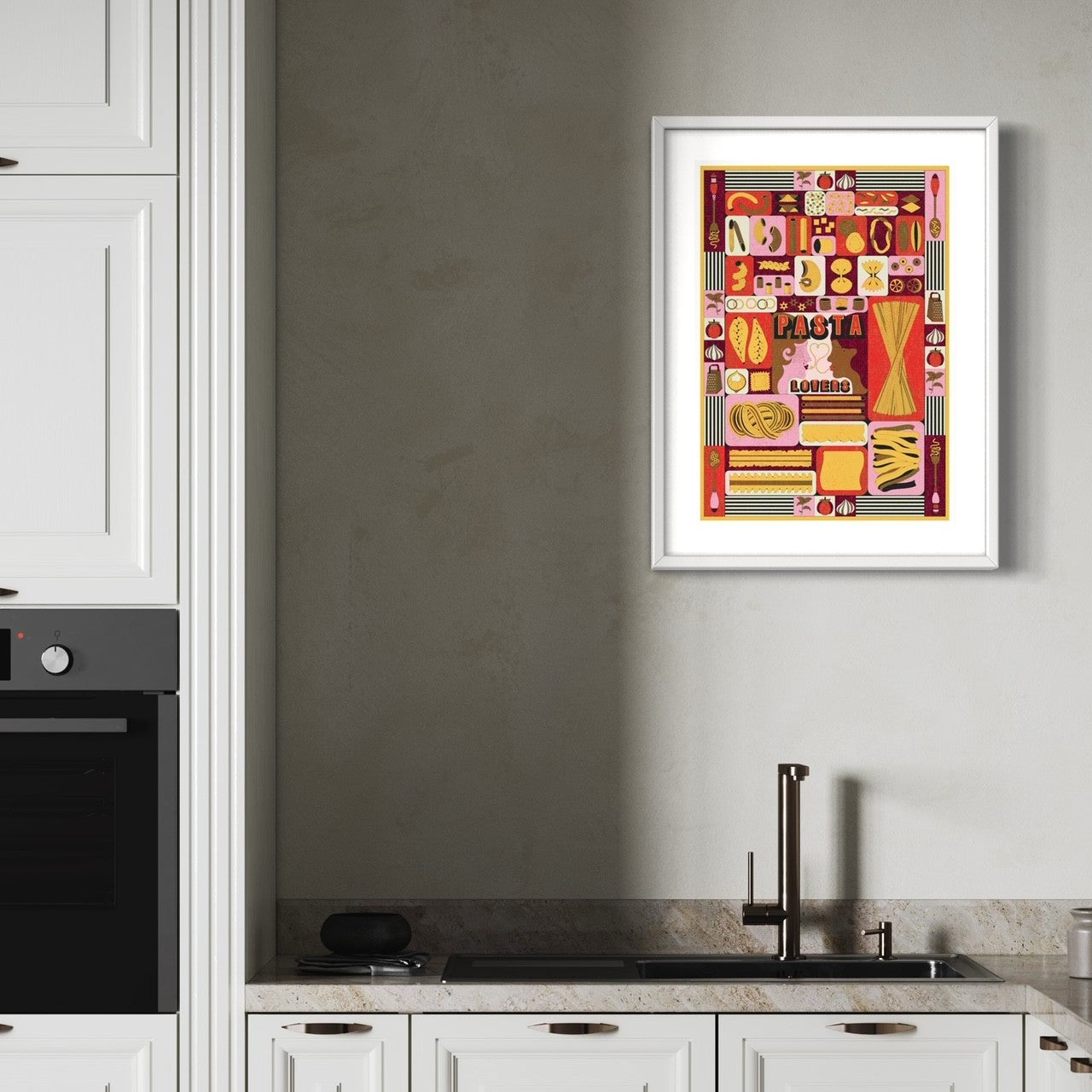 A colourful print depicting all types of pasta hanging on kitchen wall