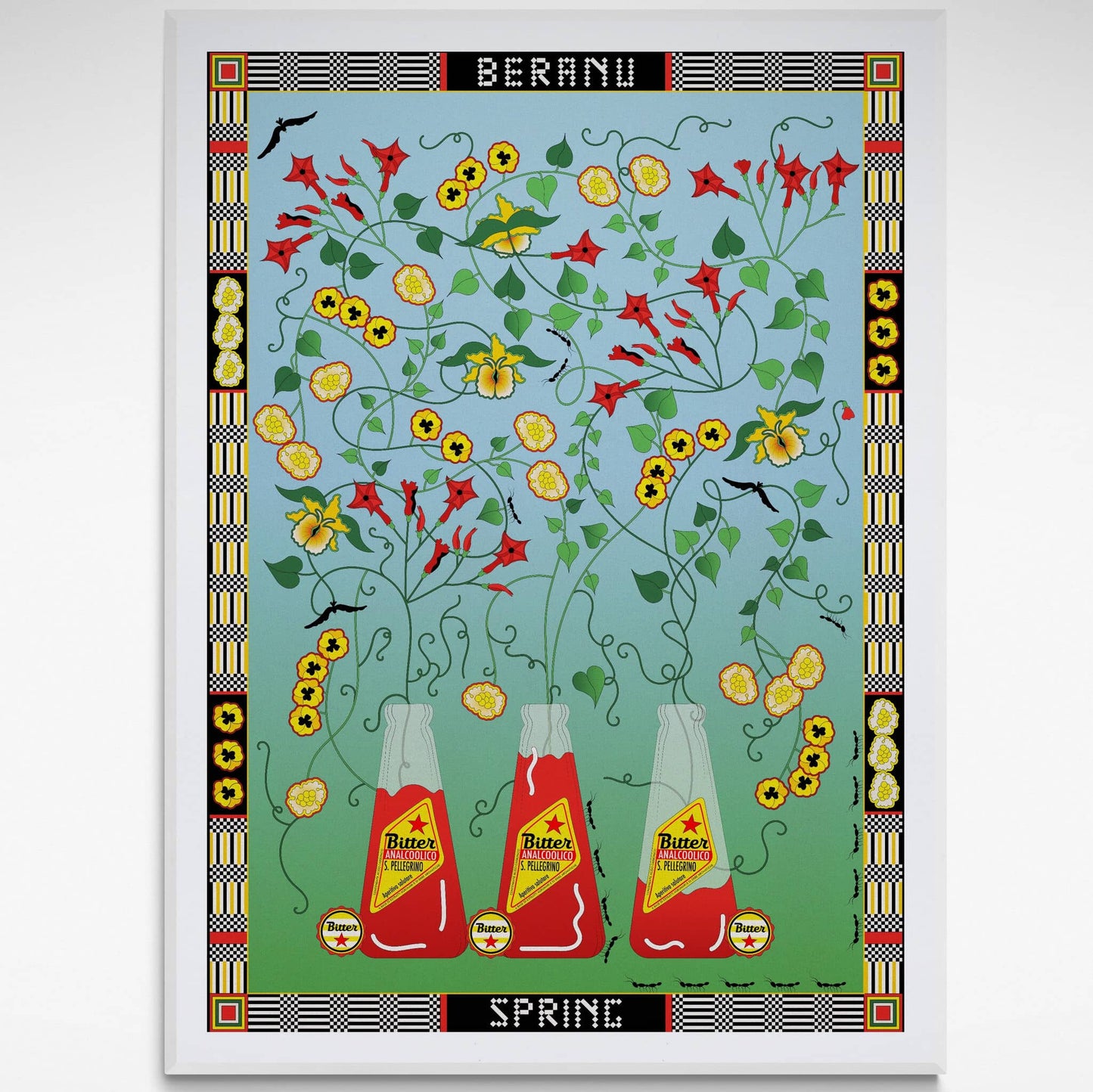 Framed print of spring flowers and coloured bottles