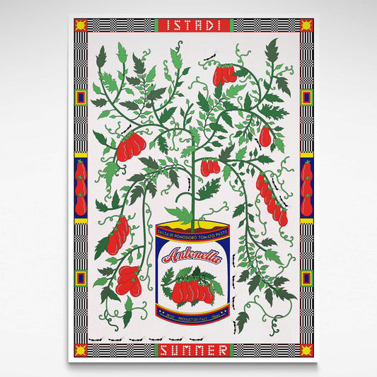 A colourful print of a tomato plant growing out of a tin.