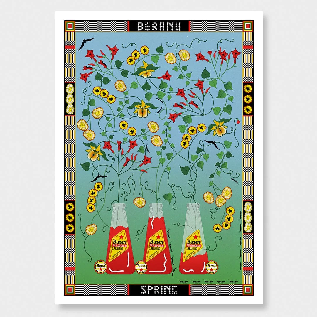 Print of Spring flowers and coloured soda bottles