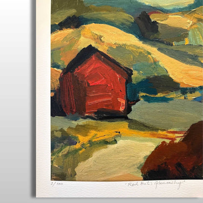 Print of a red barn in a landscape with green and brown earthy toned hues.