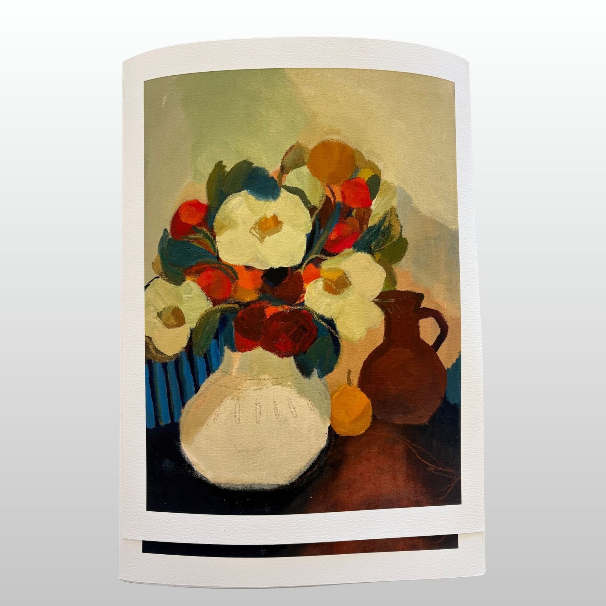 Two art prints of a colourful still life with flowers, brown jug and a cream vase