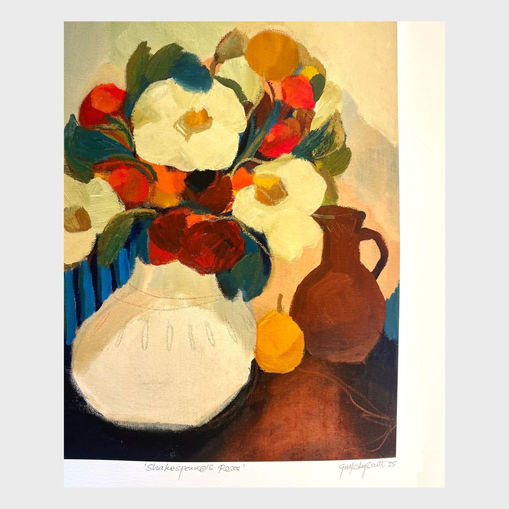 Still life painting with flowers and a vase on a multi coloured background