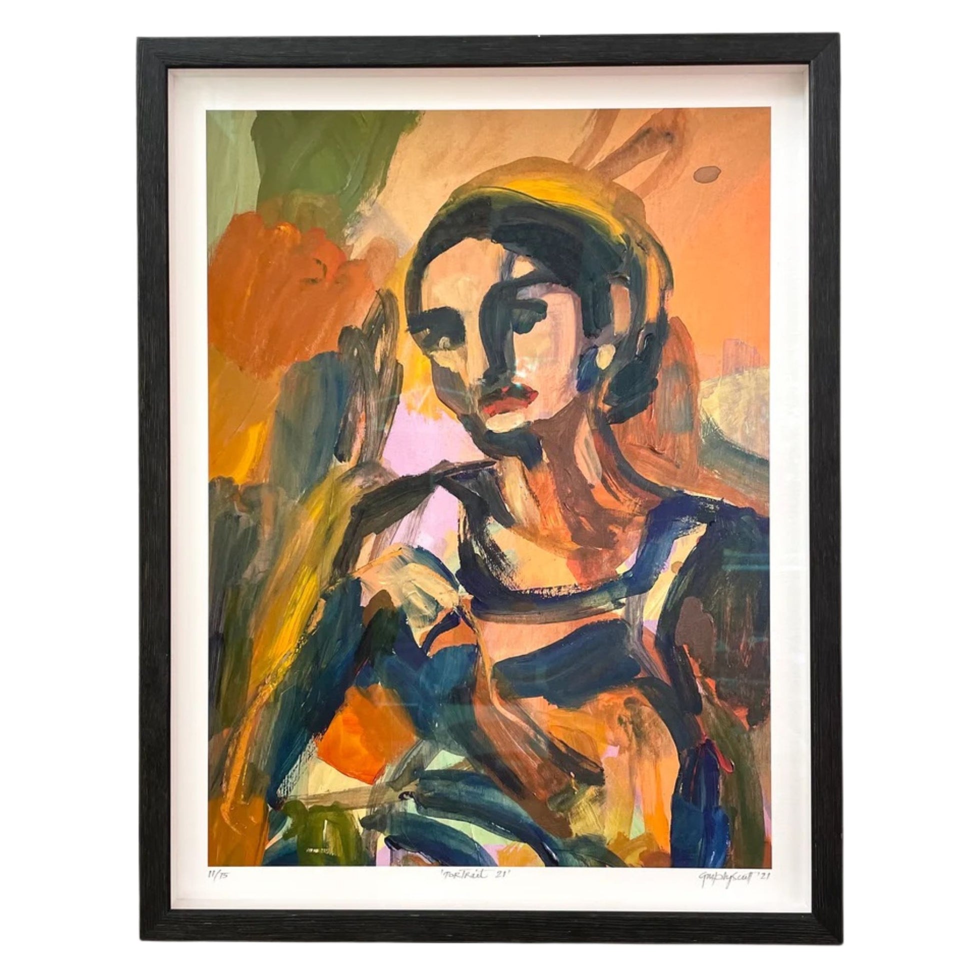 Framed abstract portrait featuring rich warm colours