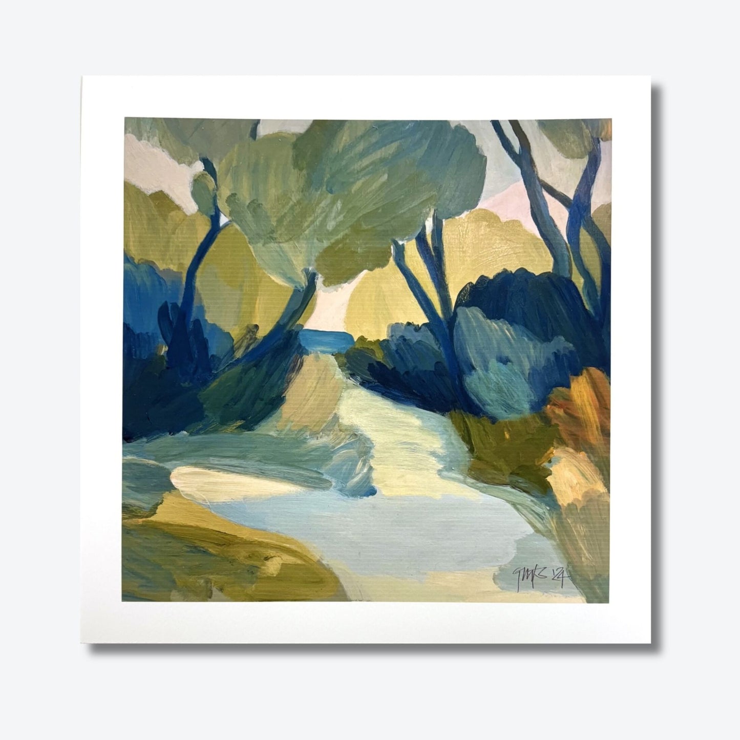 River in Spring Light – A vibrant river scene by Georgina Hoby Scutt, where light and shadow flow across rich blues, capturing the energy of spring.