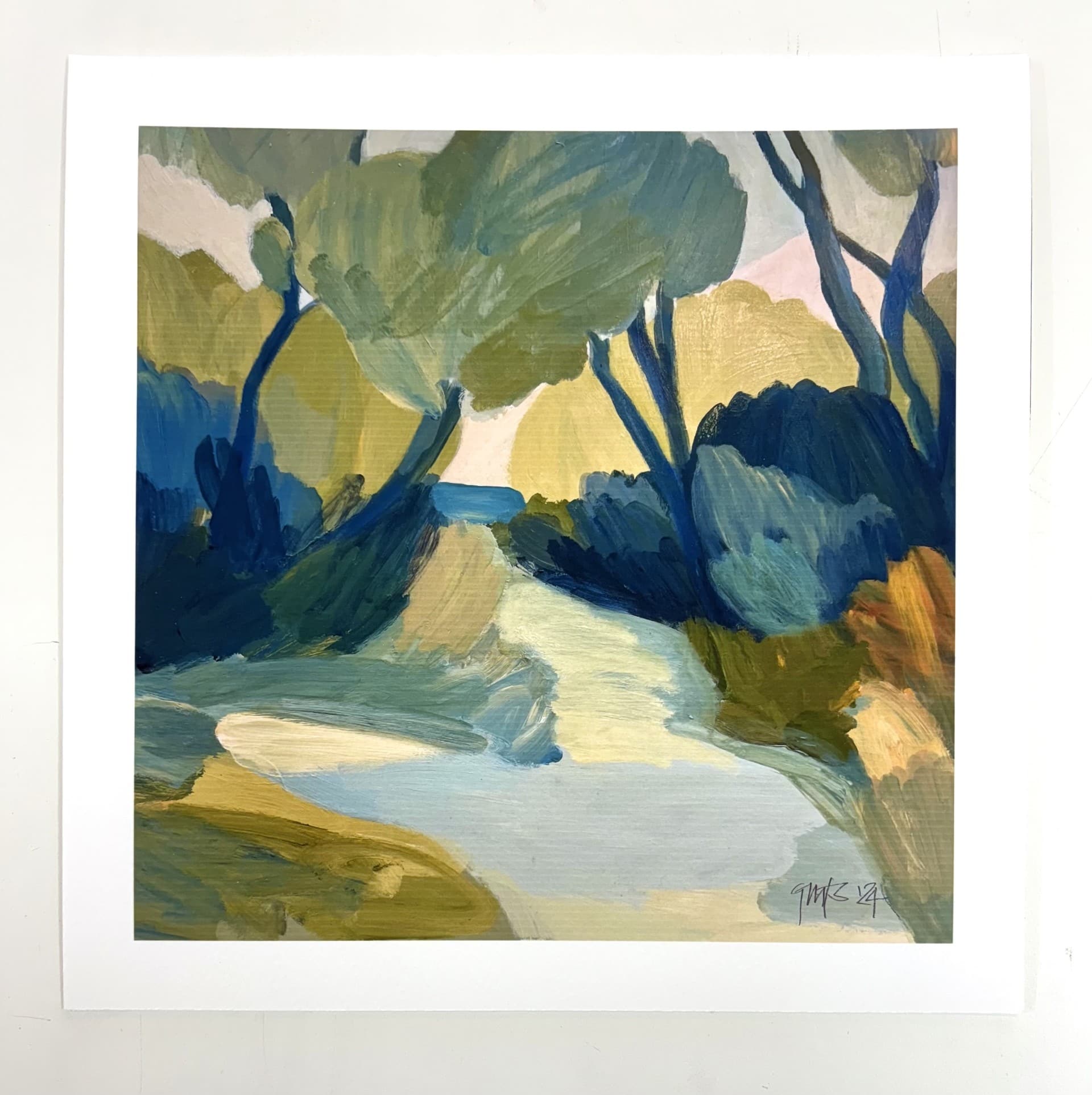 River in Spring Light – A vibrant river scene by Georgina Hoby Scutt, where light and shadow flow across rich blues, capturing the energy of spring.