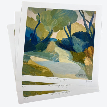 A stack of signed River in Spring Light limited edition prints by Georgina Hoby Scutt.