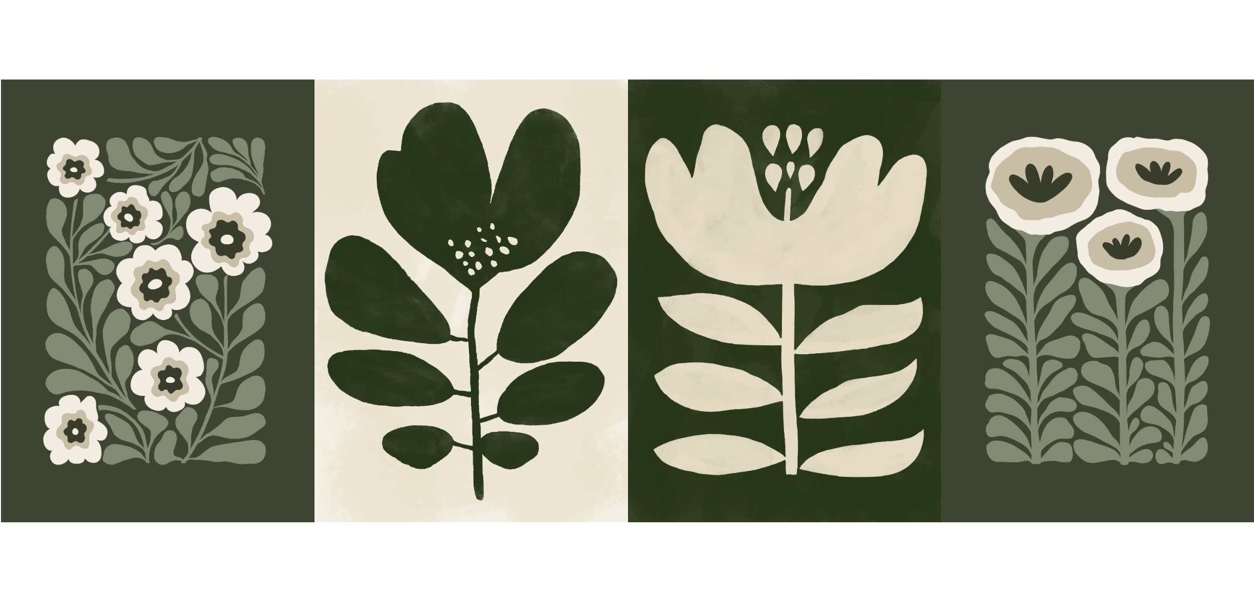 Four Solstice Studio flower and leaf prints in dark green and cream