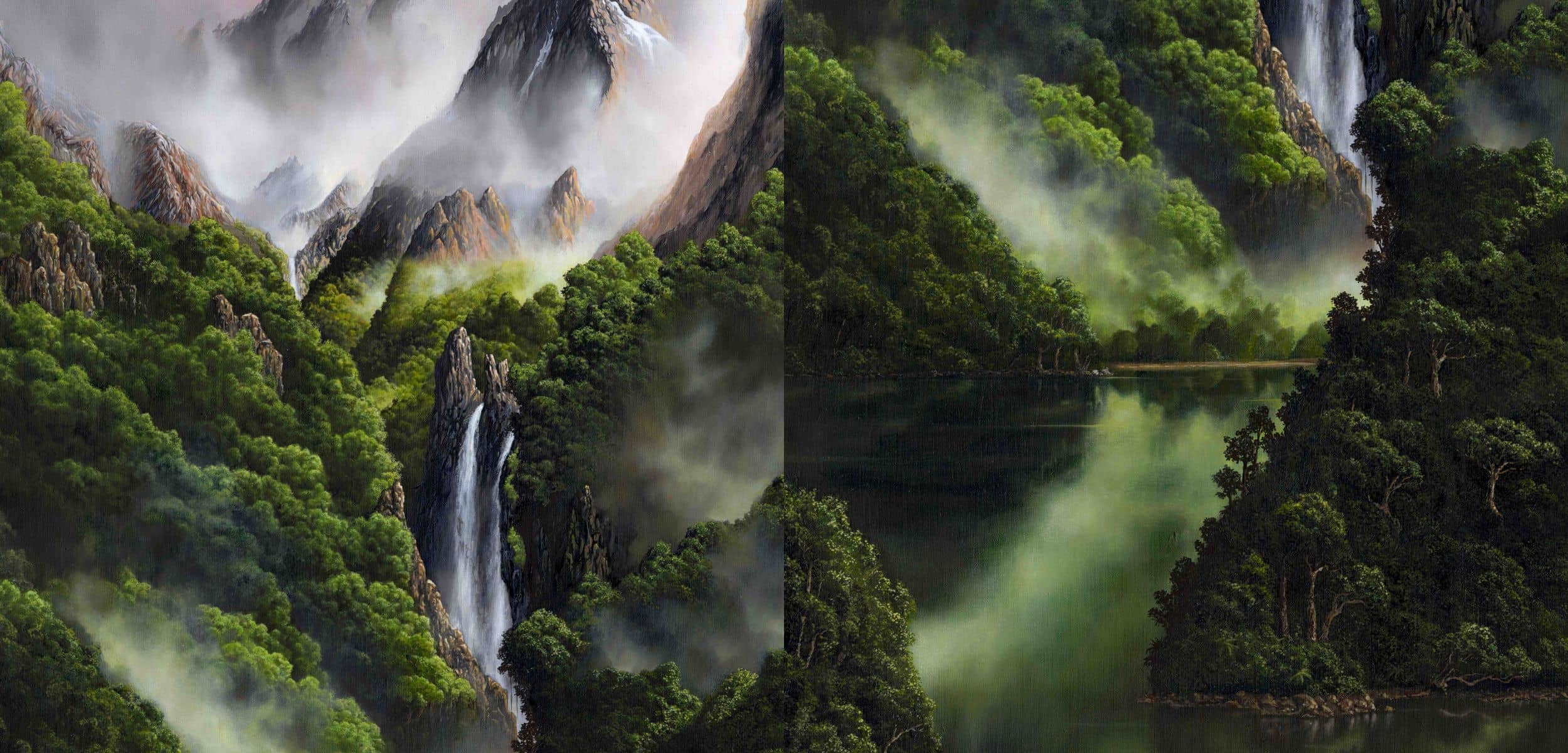 Majestic mountain landscape with waterfalls and a lake surrounded by dense greenery.
