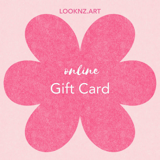 Pink flower-shaped gift card with 'online Gift Card' text on a pink background, featuring the brand 'LOOKNZ.ART'.