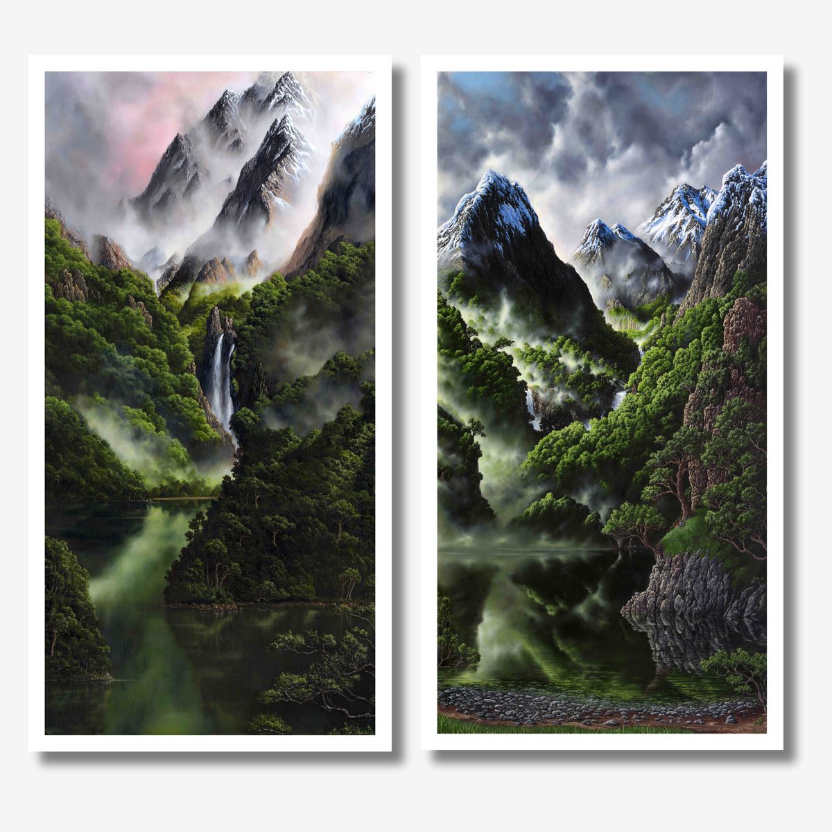 Two landscape prints of mountainous scenery with forests and water bodies.