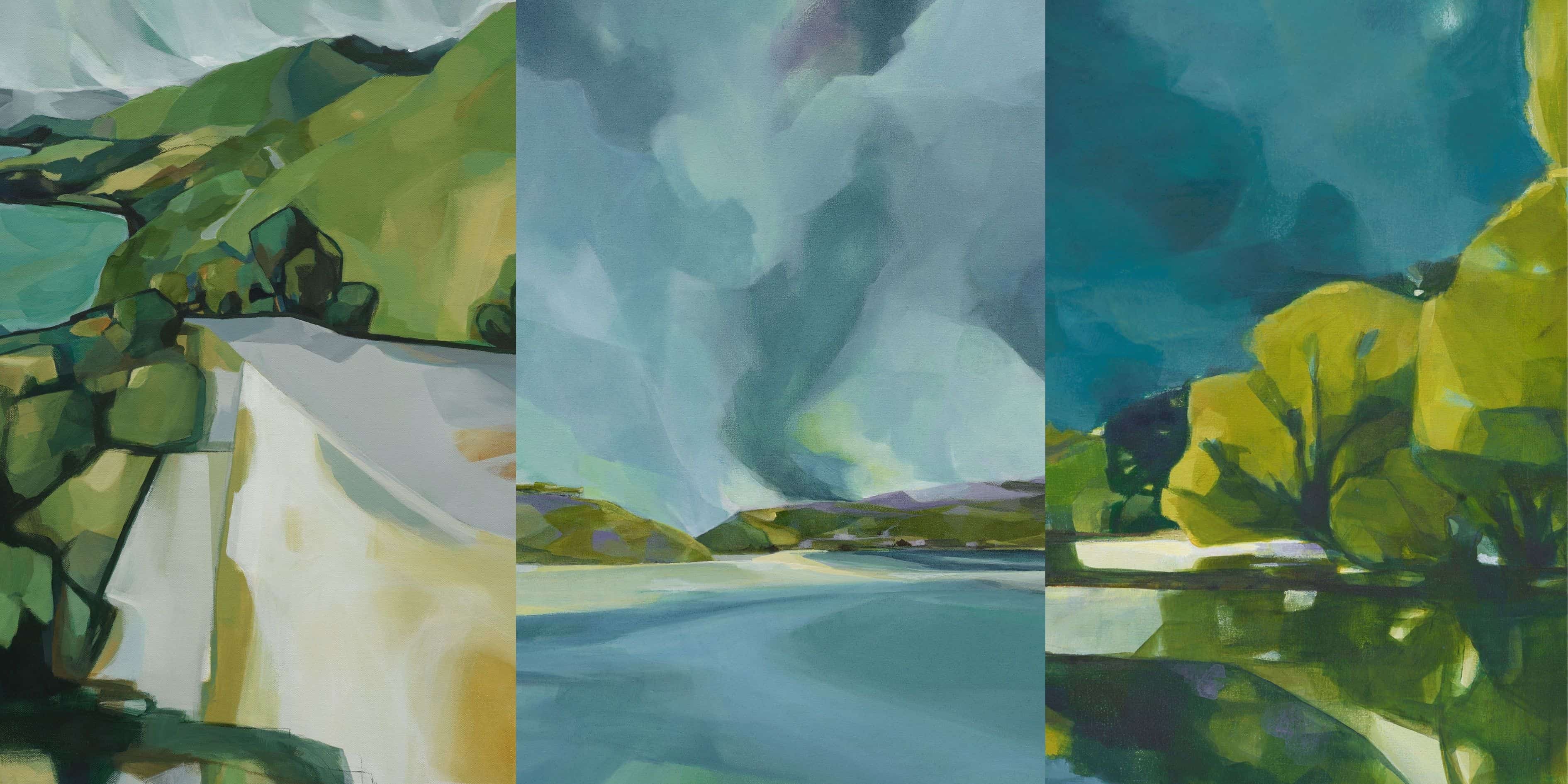 Group of three landscapes with greenery and water.