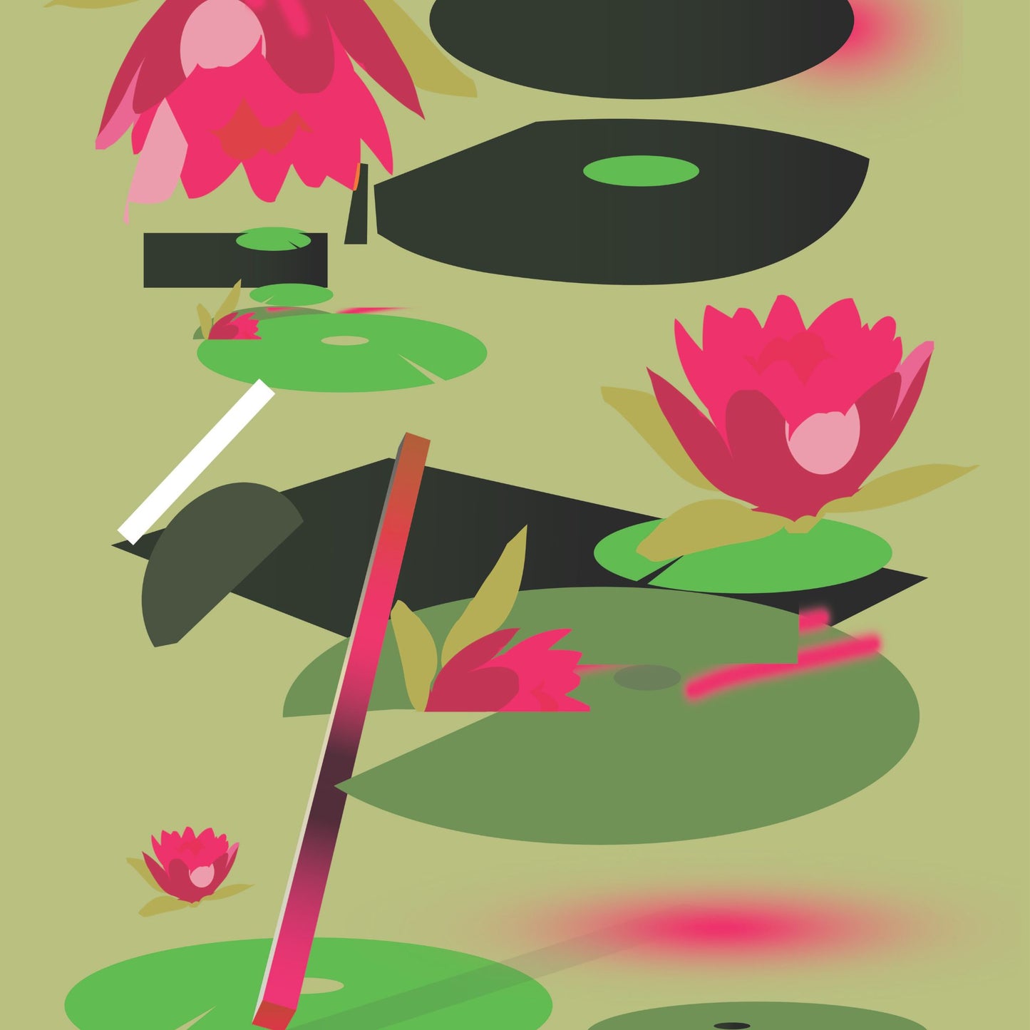 Colourful abstract print featuring vibrant green lily pads and pink flowering lilies