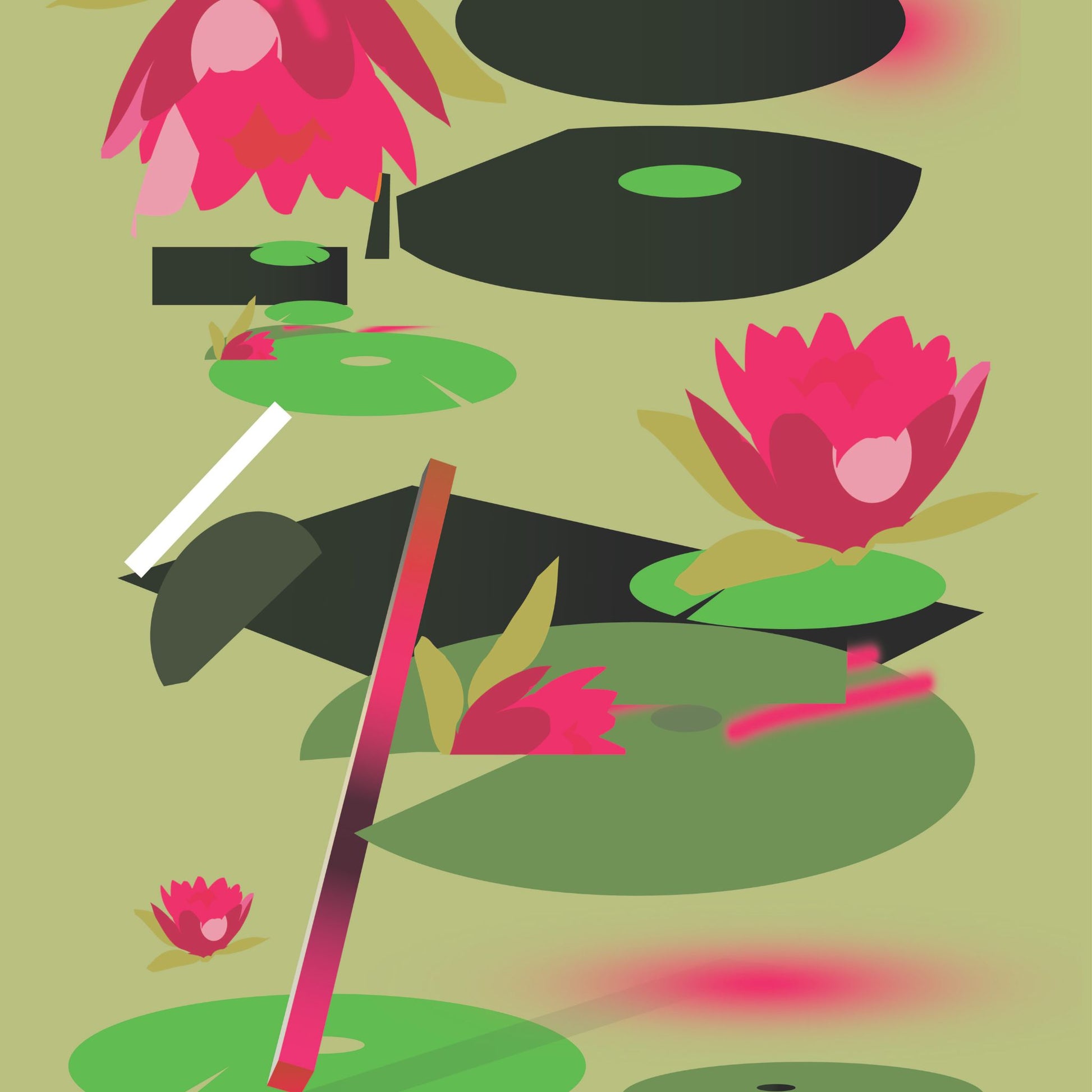 Colourful abstract print featuring vibrant green lily pads and pink flowering lilies
