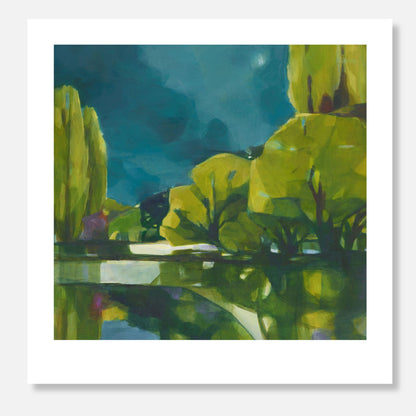 Landscape at night with green trees and lights reflecting on the lake's edge