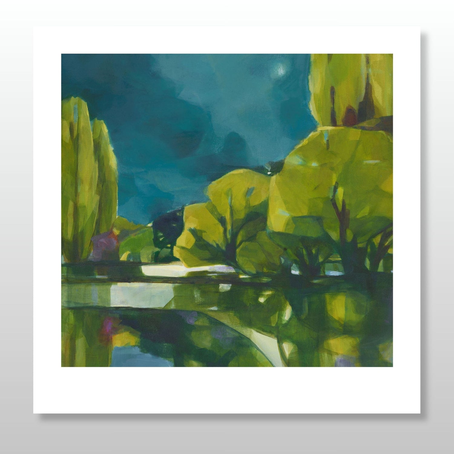 Painting of a landscape with trees and water reflecting lights and sky