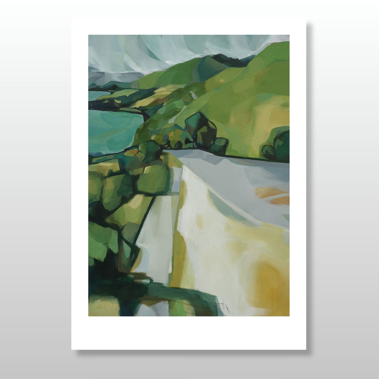 Art print of a landscape with green hills and a road beside a lake