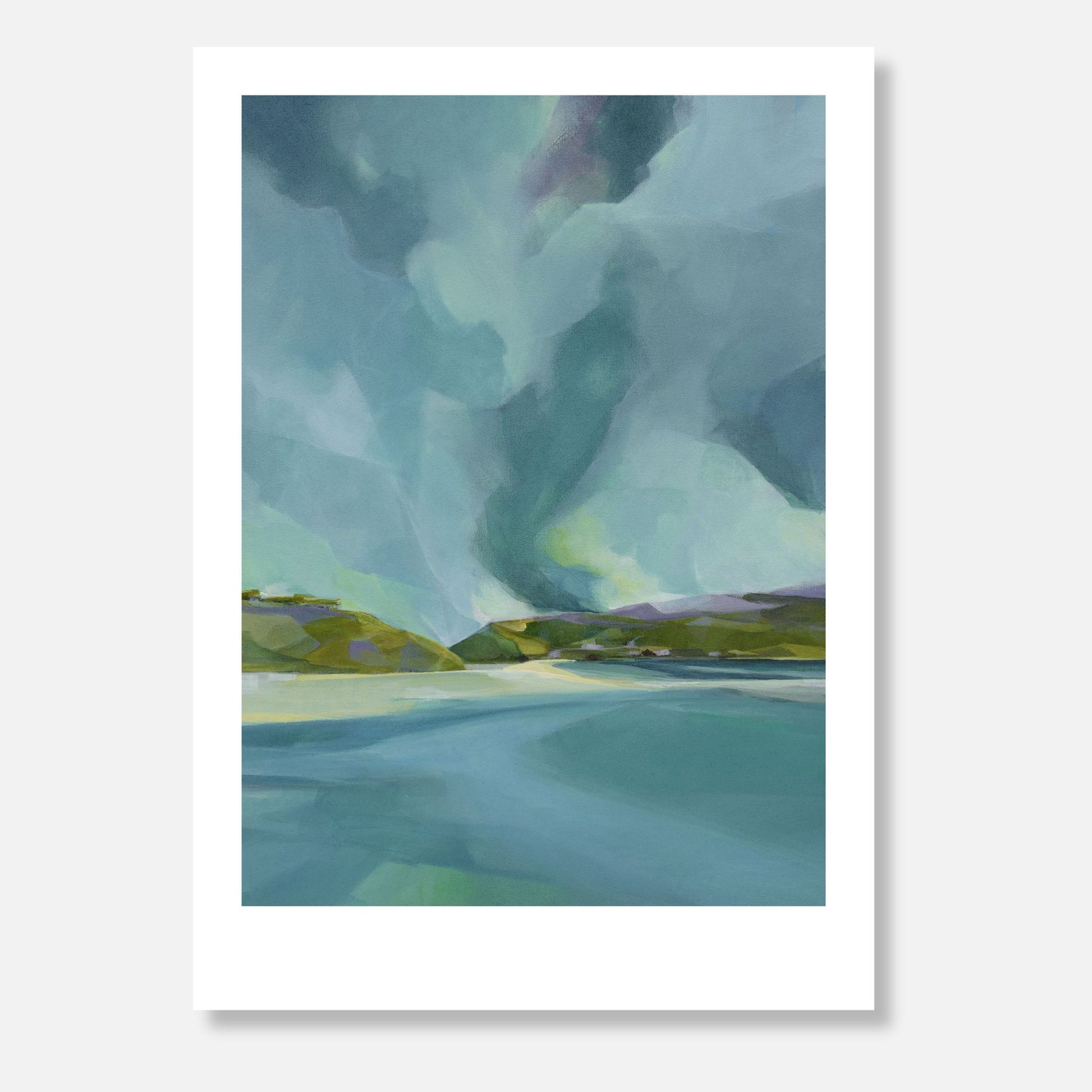 Limited edition print of a landscape with water and mountains under a blue sky.