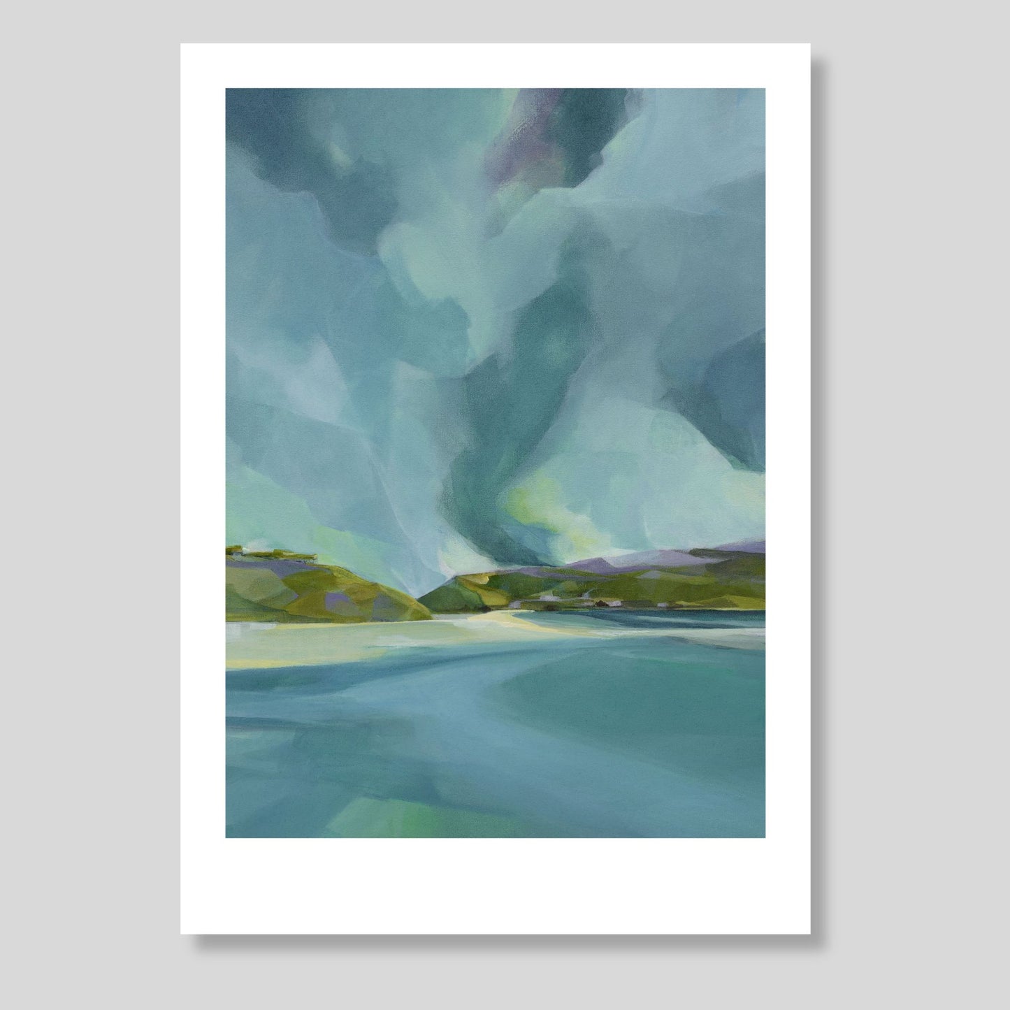 Artwork of a landscape with swirling clouds in a blue sky and a body of water.