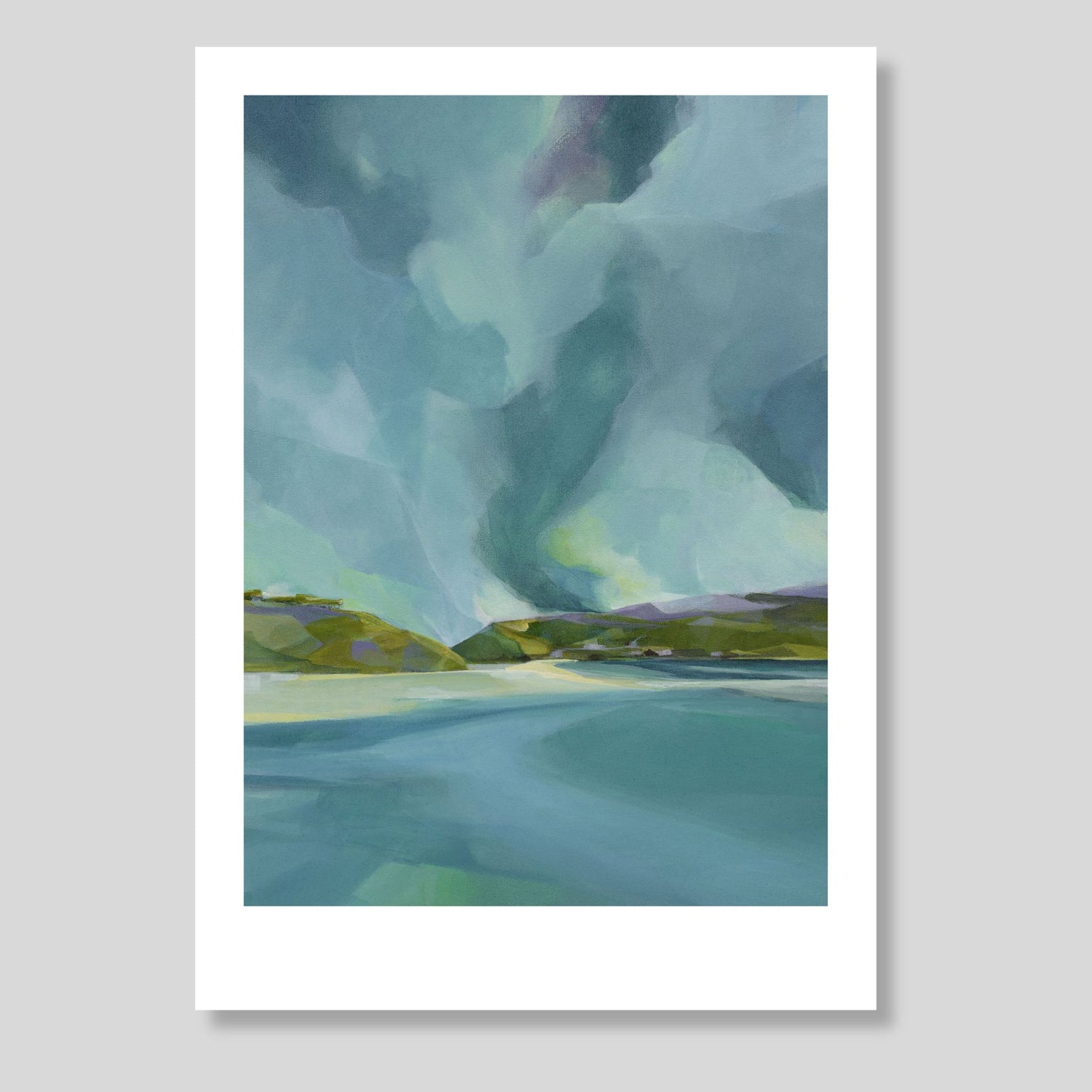 Artwork of a landscape with swirling clouds in a blue sky and a body of water.