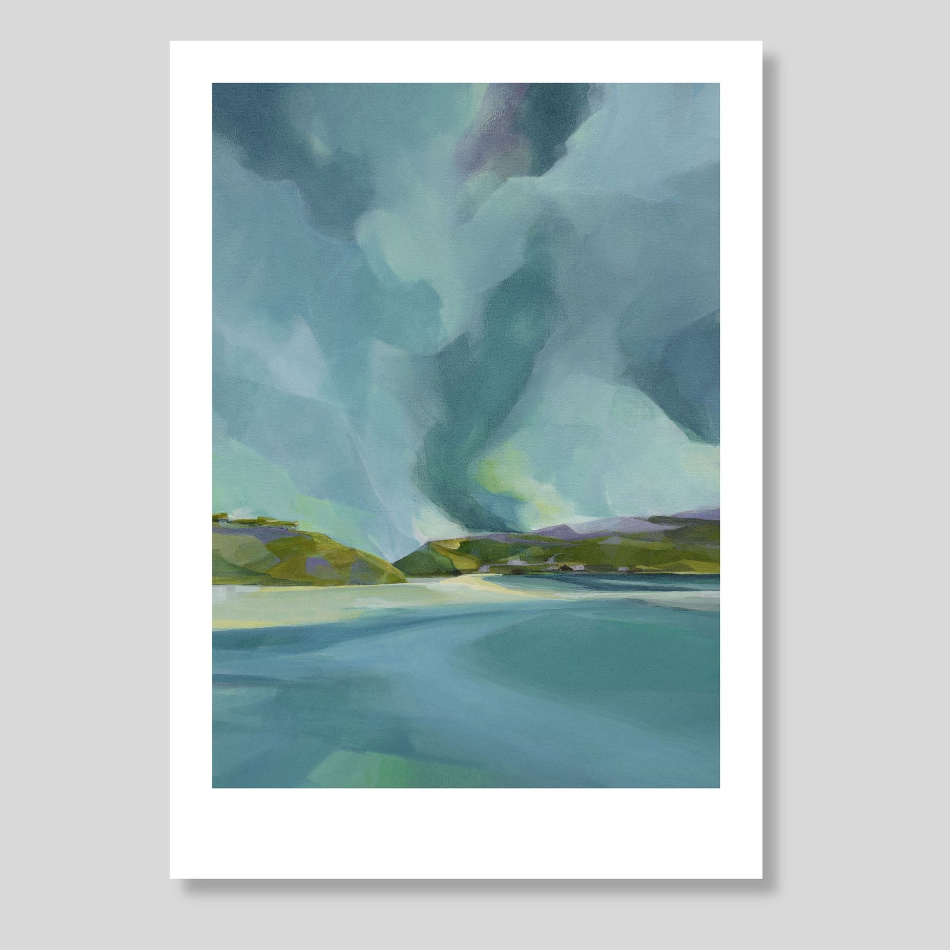 Artwork of a landscape with swirling clouds in a blue sky and a body of water.