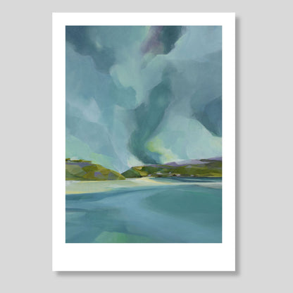 Artwork of a landscape with swirling clouds in a blue sky and a body of water.