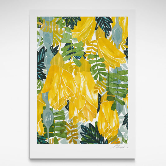 A bright print with yellow Kōwhai flowers and green leaves