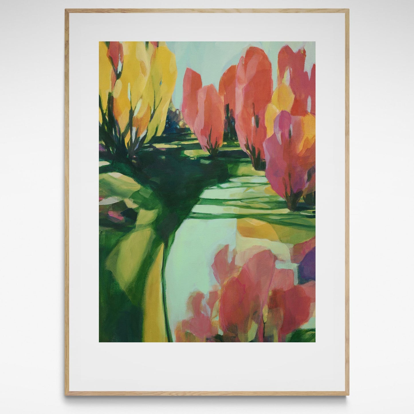 Framed landscape print red and yellow poplar trees