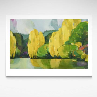 Limited edition art print titled "All the Other Trees" by Holly Roach, featuring autumnal trees inspired by Central Otago, in warm, earthy tones along a riverside.