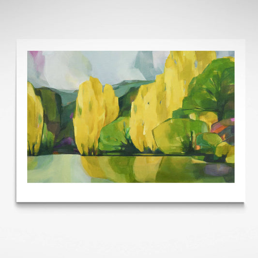 Limited edition art print titled "All the Other Trees" by Holly Roach, featuring autumnal trees inspired by Central Otago, in warm, earthy tones along a riverside.