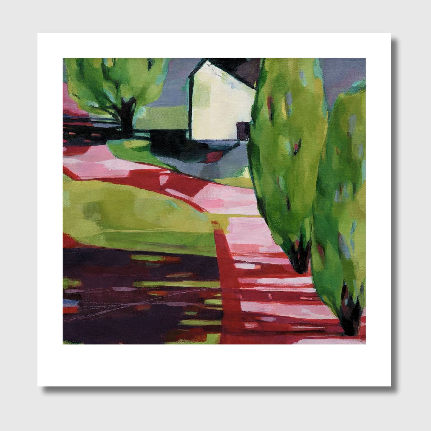 Limited edition art print titled "Almost to Clyde" by Holly Roach, featuring a stylized Central Otago landscape with bold colours and graphic shapes.