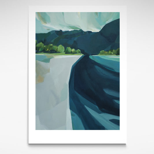 Limited edition art print titled "The Haast" by Holly Roach, depicting a stylized West Coast landscape inspired by New Zealand's rugged natural beauty.